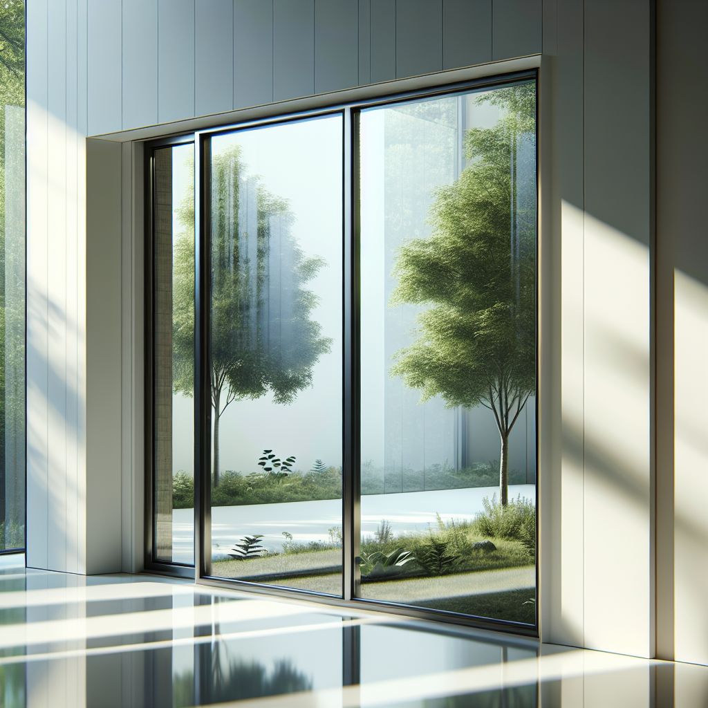 Une fenêtre moderne à triple vitrage, vue en gros plan avec éclairage naturel, montrant les reflets des arbres environnants évoquant l'isolation thermique et la tranquillité, sur un fond de mur blanc minimaliste et épuré, sans personne ni texte visible.